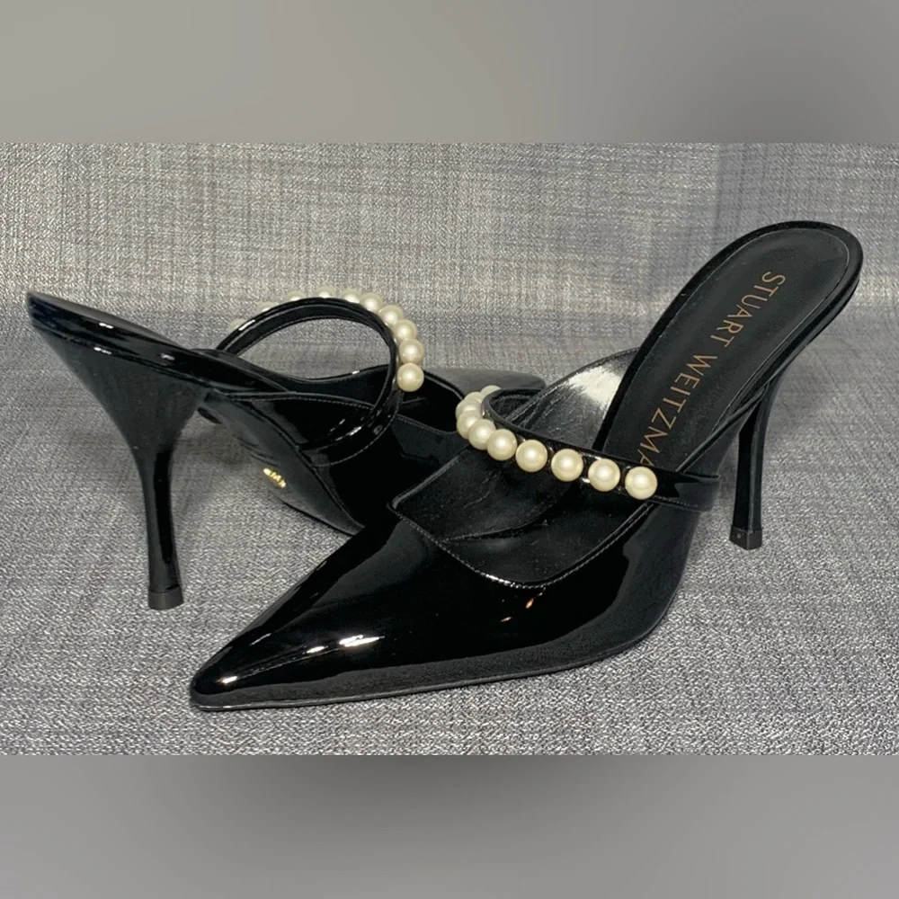 Stuart Weitzman Goldie 100 Women's Black Patent Leather Pearl Pump Mule Size 6 - Picture 2 of 8